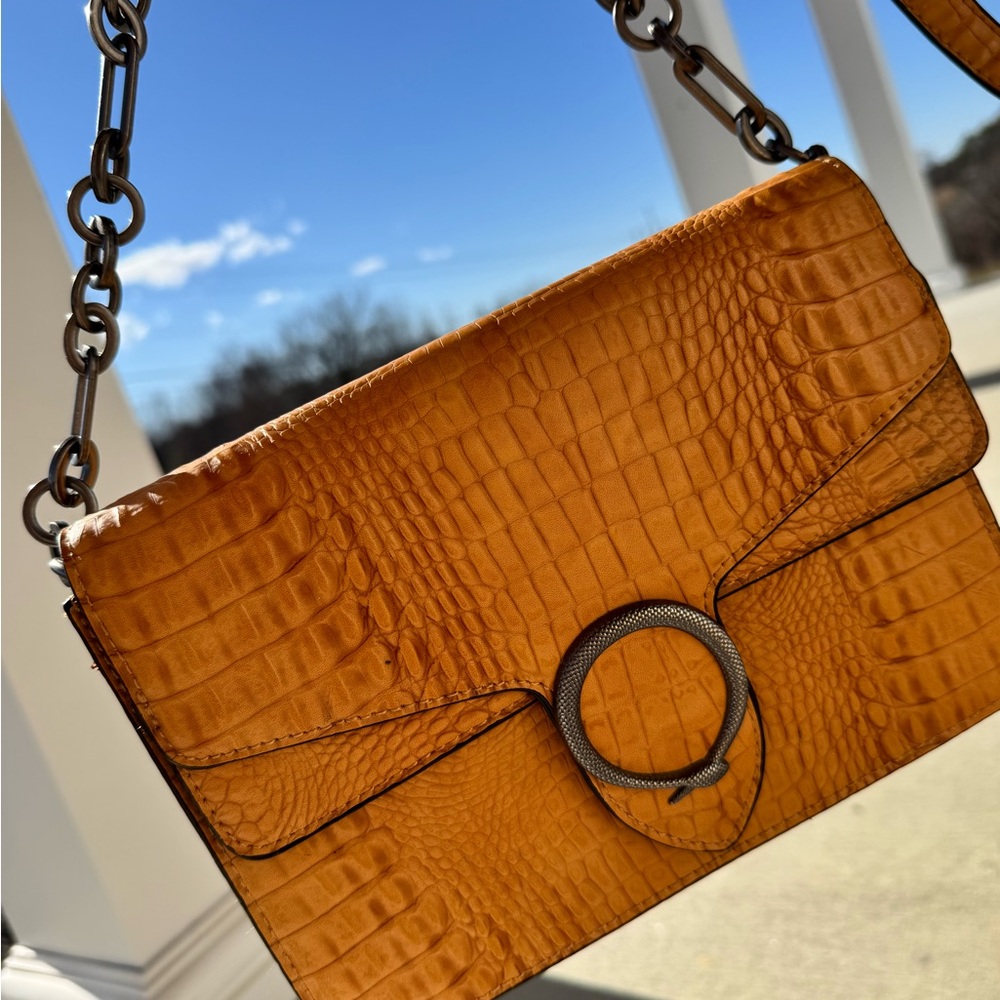 Lily & Ivy Croc Embossed Shoulder Bag Brown Chain Strap Clutch Purse